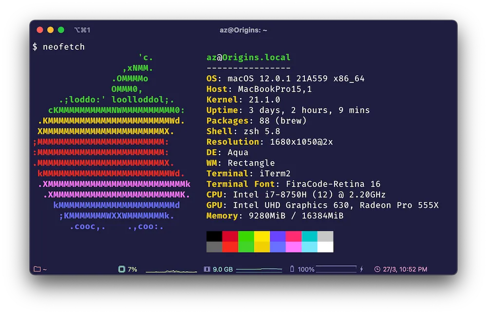 Screenshot of Neofetch response in an iTerm2 terminal window